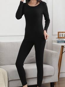 Của phụ nữ Vòng cổ Tay áo dài Đồ lót nhiệt Bộ - màu đen - Xem 4