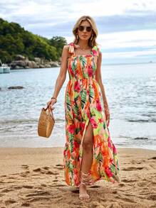 SHEIN VCAY Women' Tropical Print Halter Vacation Strap Dress - Multicolor - View 3