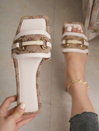 Gold Buckle Decorated Slip-On Slide Sandals, Women's Casual Flat Square Toe Slip-On Beach Slippers, New Summer Fashion