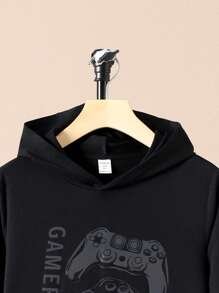 SHEIN Tween Boy 反光遊戲手把和字母圖案連帽 T 卹 - 黑色 - 查看 4