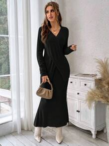 SHEIN Privé 女用羅紋前交叉長袖t卹+魚尾裙2件/套 - 黑色 - 查看 4