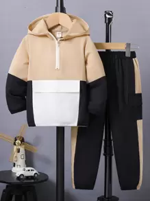 SHEIN Conjunto de dos piezas con pantalón tipo jogger y sudadera con capucha de bloques de color para niños pequeños - Caqui - Ver 1