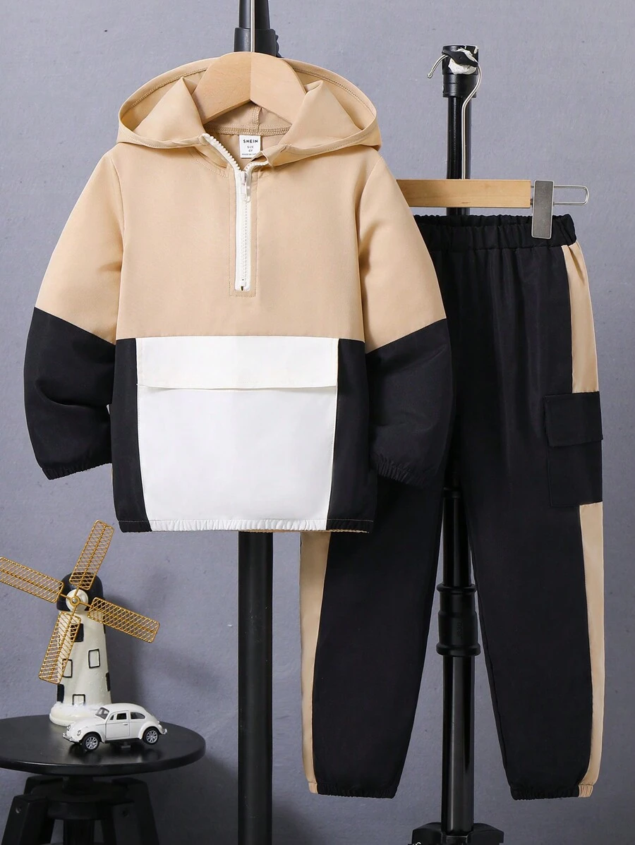 SHEIN Conjunto de dos piezas con pantalón tipo jogger y sudadera con capucha de bloques de color para niños pequeños - Caqui - Ver 1