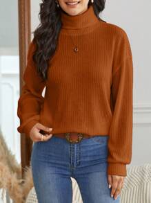 SHEIN Frenchy High-Neck Sweatshirt With Drop Shoulder Sleeves - Rust Brown - View 5