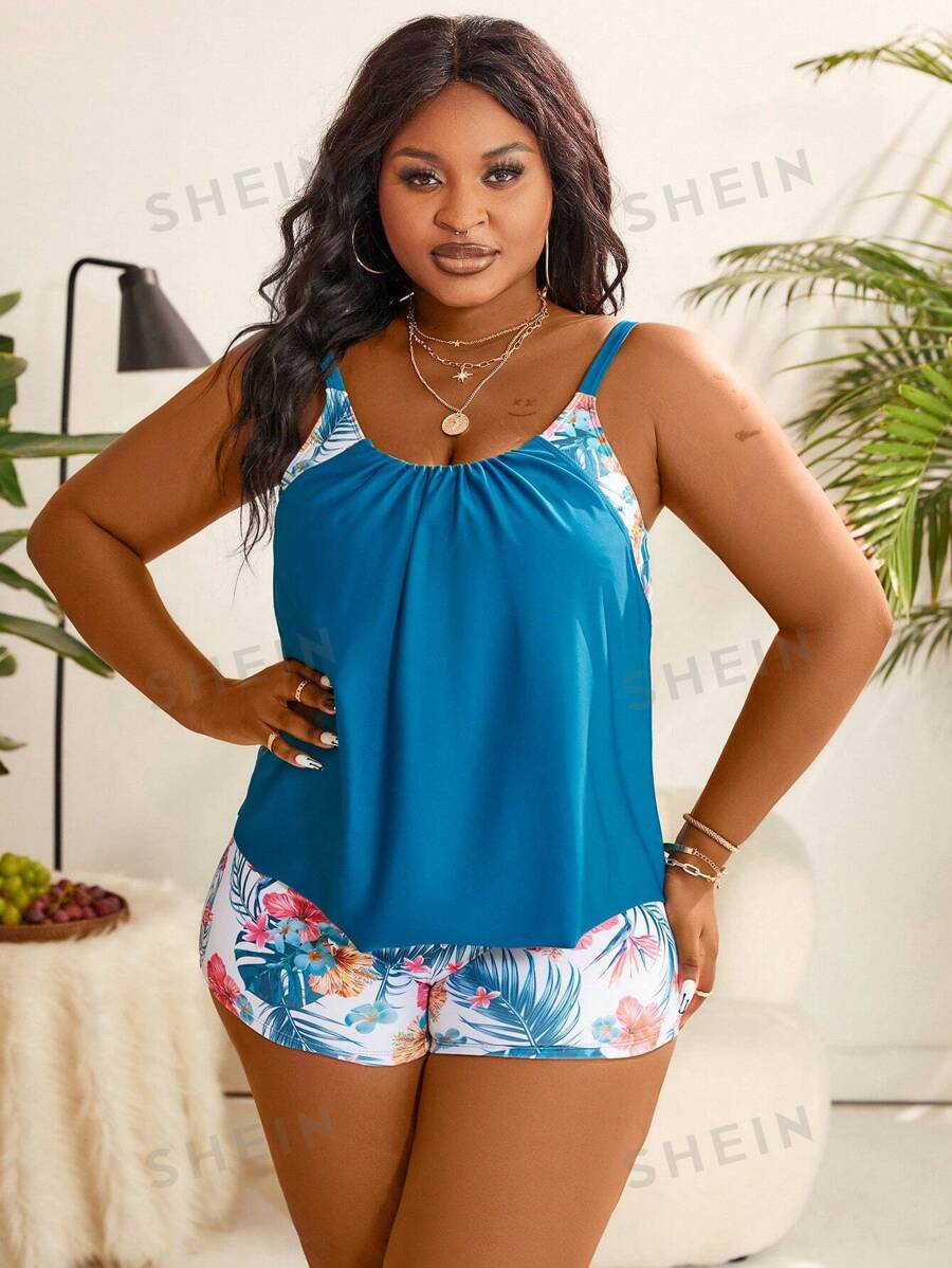SHEIN Swim Curve Summer Beach Plus Size Women's Tropical Plant Printed ...