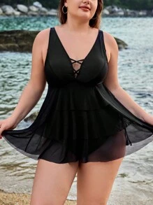 SHEIN Swim Curve Plus Size Women'S Mesh Contrast Tankini Swimsuit - Black - View 4