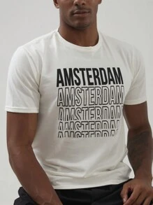 Shein 男士短袖針織t卹,印花設計 - 香檳色 - 查看 4