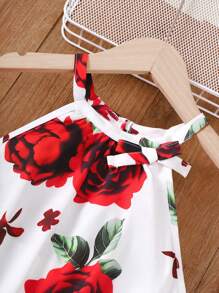 Tween Girls' Floral Printed Halterneck Top With Solid Color Shorts Set, Summer,Holiday,Summer,Travel - Multicolor - View 4