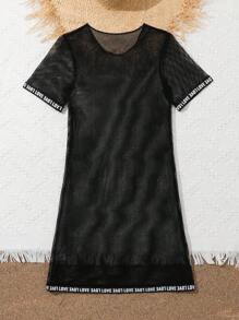 青少年女孩短袖遮陽裙,採用大字母和織帶設計 - 黑色 - 查看 2