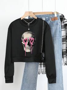 SHEIN EZwear 女式骷髏印花圓領套頭衫 - 黑色 - 查看 1