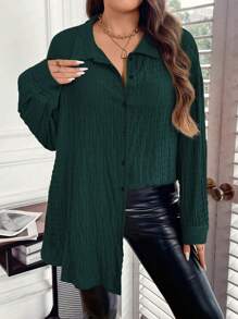 SHEIN Unity Camisa de manga larga con hombros caídos para mujer de talla grande - Verde Oscuro - Ver 5
