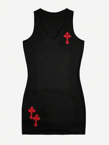 ROMWE Grunge Punk Kích thước lớn Váy bodycon Với Thêu Khâu chéo Và Đường viền cổ có rãnh - màu đen - Xem 3