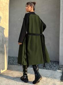 SHEIN EZwear Women'S Color Block Double Breasted Trench Coat - Army Green - View 2