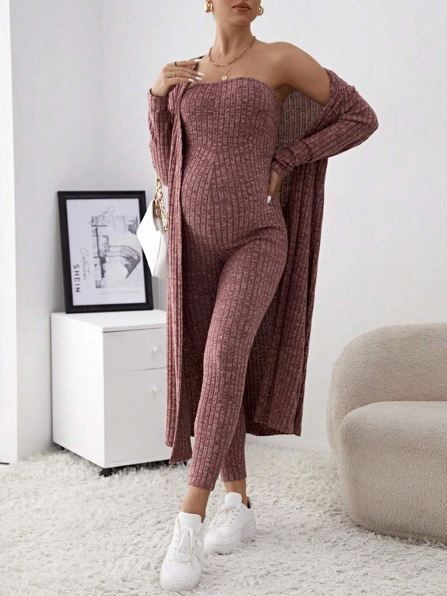 SHEIN Maternity Bodycon Tube Jumpsuit And Cardigan 2pcs/Set - Redwood - View 1