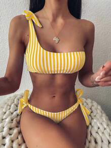 Swim Vcay Summer Beach Striped One Shoulder Tie Side Bikini Set - Multicolor - View 1