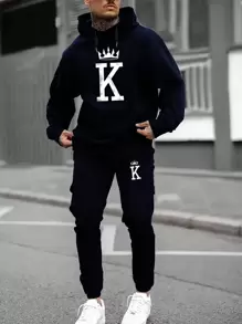SHEIN Manfinity EMRG 男士字母和皇冠印花帶束腰帽子的連帽運動衫和長褲套裝 - 藏蓝色 - 查看 1