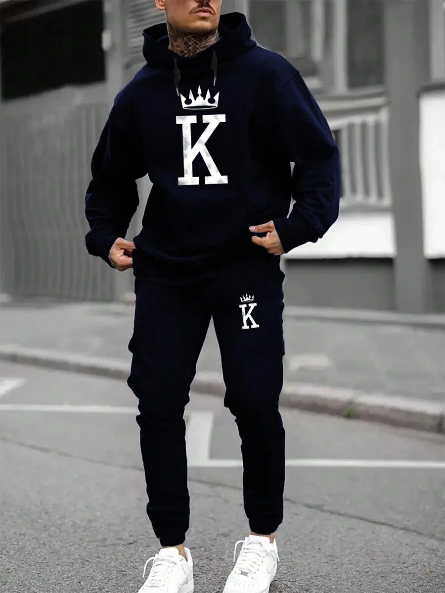 SHEIN Manfinity EMRG 男士字母和皇冠印花帶束腰帽子的連帽運動衫和長褲套裝 - 藏蓝色 - 查看 1