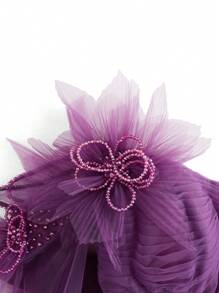 SHEIN Belle 厚重款式女士晚礼服，船形领口，渐变色，装饰性皮草和蝴蝶结，单肩，垂褶袖子，长拖尾 - 紫色 - 查看 10