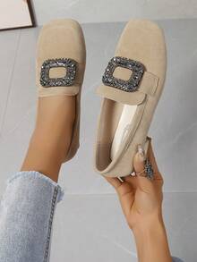 女士復古天鵝絨鑲嵌方形扣粗跟鞋,四季適用 - 卡其色 - 查看 2