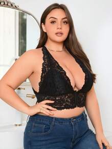 Plus Size Women's Lace Wireless Bra Lingerie - Black - View 3