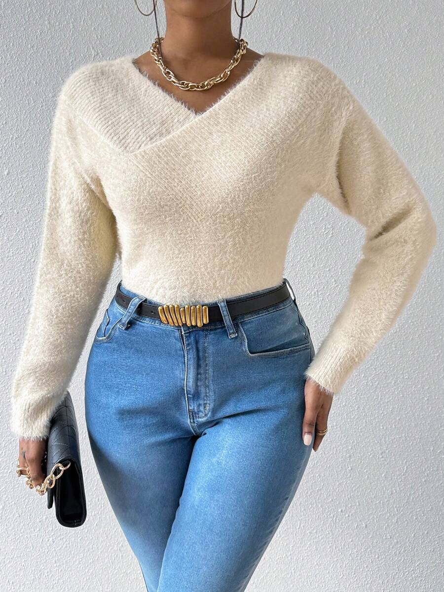 Zolique Women'S V-Neck Batwing Sleeve Sweater (Synthetic Fur) Knit Pullover Fall Winter Outfit - Apricot - View 1