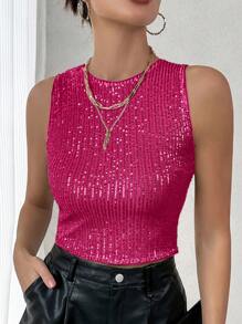 SHEIN Essnce Women's Sparkly Round Neck Tank Top For Summer - Hot Pink - View 5