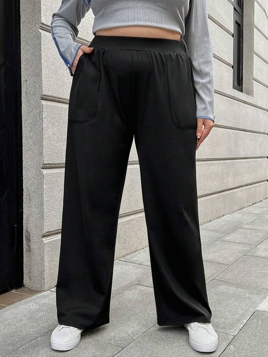 SHEIN Essnce 大尺寸斜袋高腰長褲 - 黑色 - 查看 1