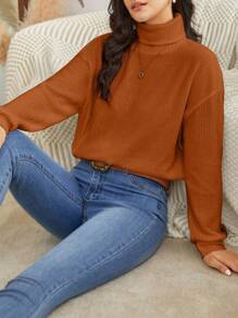SHEIN Frenchy High-Neck Sweatshirt With Drop Shoulder Sleeves - Rust Brown - View 1