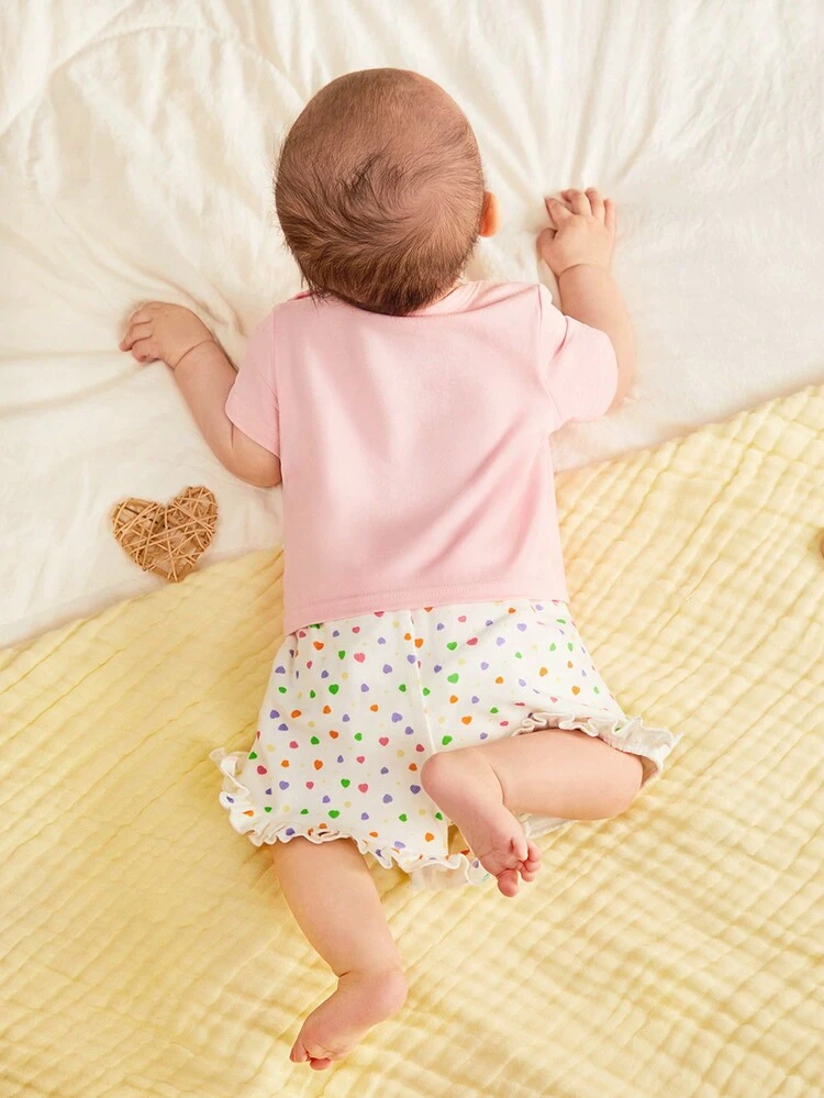 Newborn Infant Baby Girls' Rainbow Letter Printed Short Sleeve Top And Polka Dot Shorts 2pcs Outfits