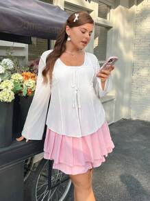 CovetEZ Kích thước lớn Trắng Lưới Lace-up Quý cô Áo - trắng - Xem 2