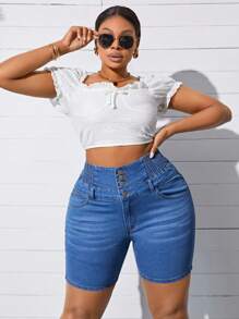 SHEIN SXY Pantalones Cortos De Mezclilla De Talla Grande Y Ajuste Delgado - Lavado ligero - Ver 4