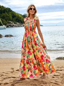 SHEIN VCAY Women' Tropical Print Halter Vacation Strap Dress - Multicolor - View 1