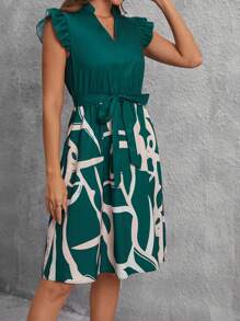 SHEIN Clasi Women's Printed Patchwork Short Flying Sleeved Dress - Dark Green - View 5