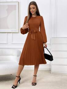 SHEIN Privé 女款百褶袖泡泡袖連衣裙 - 鏽棕色 - 查看 5