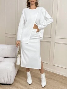 SHEIN Privé Women'S Solid Color Casual 2-Piece Set - White - View 3