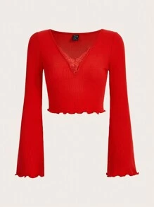 SHEIN ICON 女士萵苣邊喇叭袖t恤 - 紅色 - 查看 1