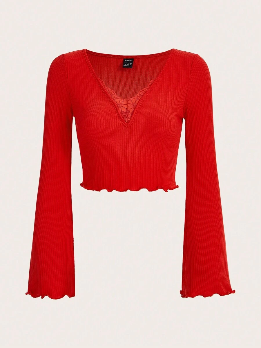 SHEIN ICON 女士萵苣邊喇叭袖t恤 - 紅色 - 查看 1