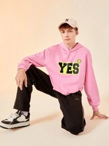 SHEIN Teen Boy Casual Loose English Printed Hoodie, Teenager