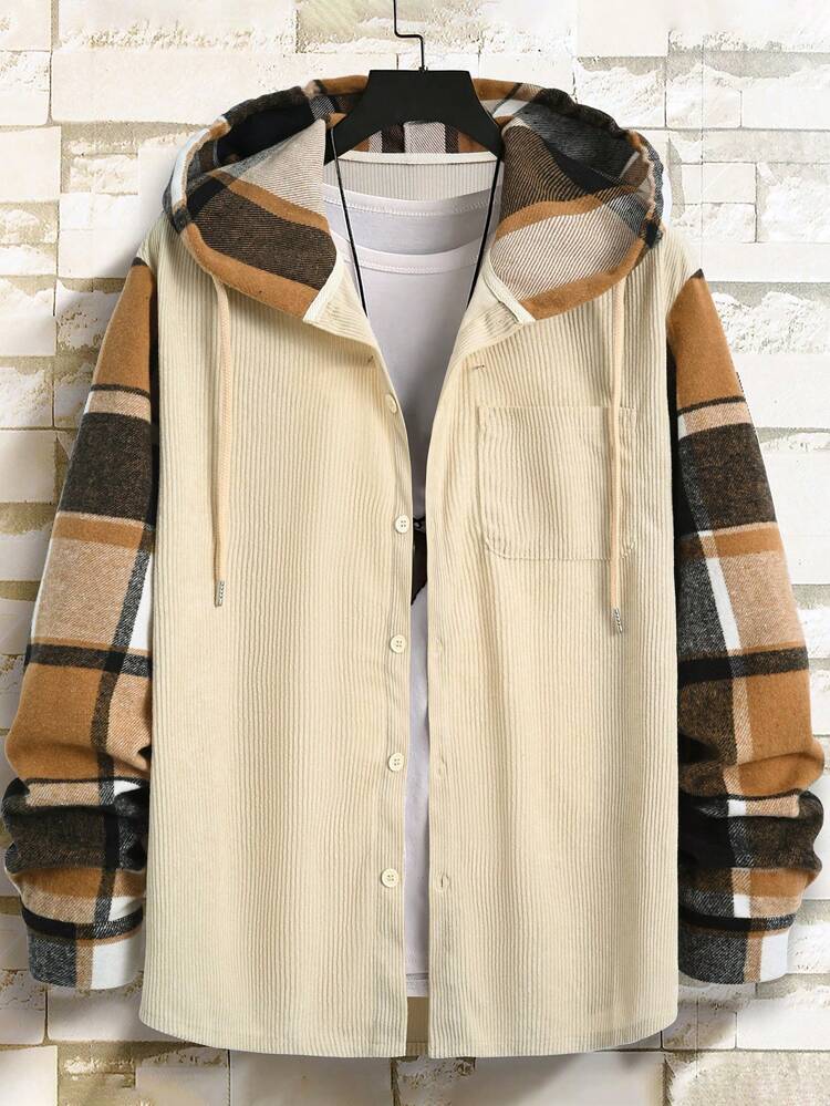 Men'S Plaid Patchwork Drawstring Hooded Shacket