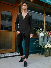 Manfinity Homme Áo thun nam tay dài phối lưới tương phản - màu đen - Xem 4