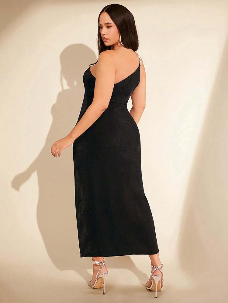 Plus Size Rhinestone Embellished Oblique Shoulder High Slit Cami Dress, Wedding Guest Dress