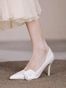 女性婚禮鞋,新款白色尖頭高跟鞋,法式優雅風格,適用於新娘伴娘和婚紗 - 白色 - 查看 4