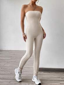 SHEIN EZwear Women's Ribbed Strapless Unitard Jumpsuit, For Summer - Apricot - View 2