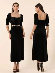 SHEIN Privé Women'S Velvet Puff Sleeve Dress With Bow Tie - Black - View 1