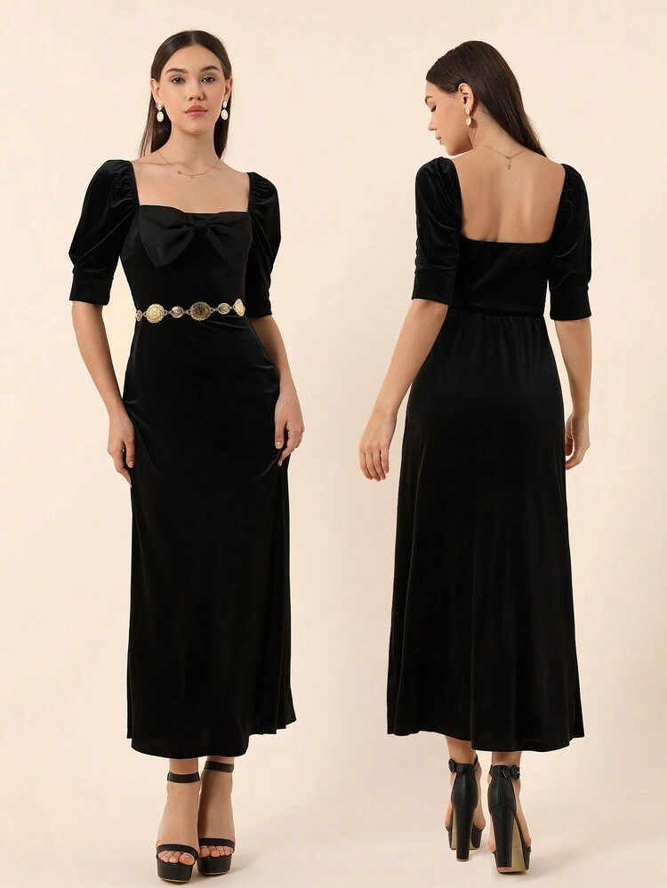 Women'S Velvet Puff Sleeve Dress With Bow Tie