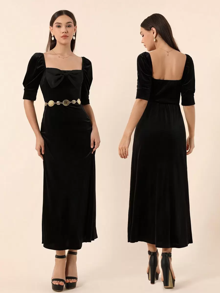 SHEIN Privé Women'S Velvet Puff Sleeve Dress With Bow Tie - Black - View 1