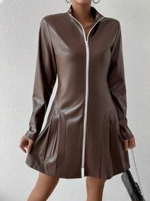 Zolique Elegant Fit And Flare Zipper Dress Fall Cloth For Women - Brown - View 1