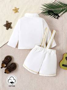 SHEIN 3 cái/bộ Em bé Con trai Mùa xuân/Mùa hè Trắng Retro Trường học Phong cách Nơ Tay áo dài Áo sơ mi Và Quần yếm Bộ đồ , Thích hợp - Nhiều màu - Xem 2