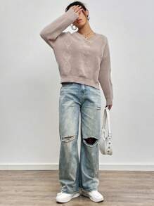 SHEIN Unity 女士V领落肩针织套头衫秋冬毛衣 - 卡其色 - 查看 4