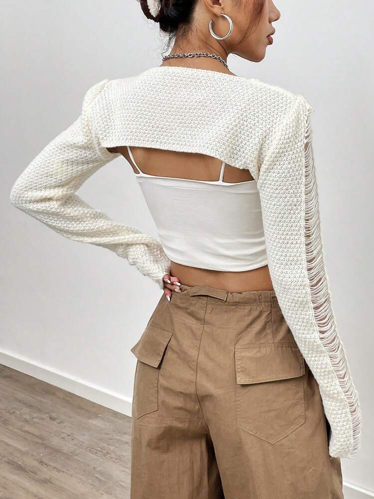 Women's Distressed Style Crop Sweater With Round Neck Knit Pullover Fall Winter Sweater